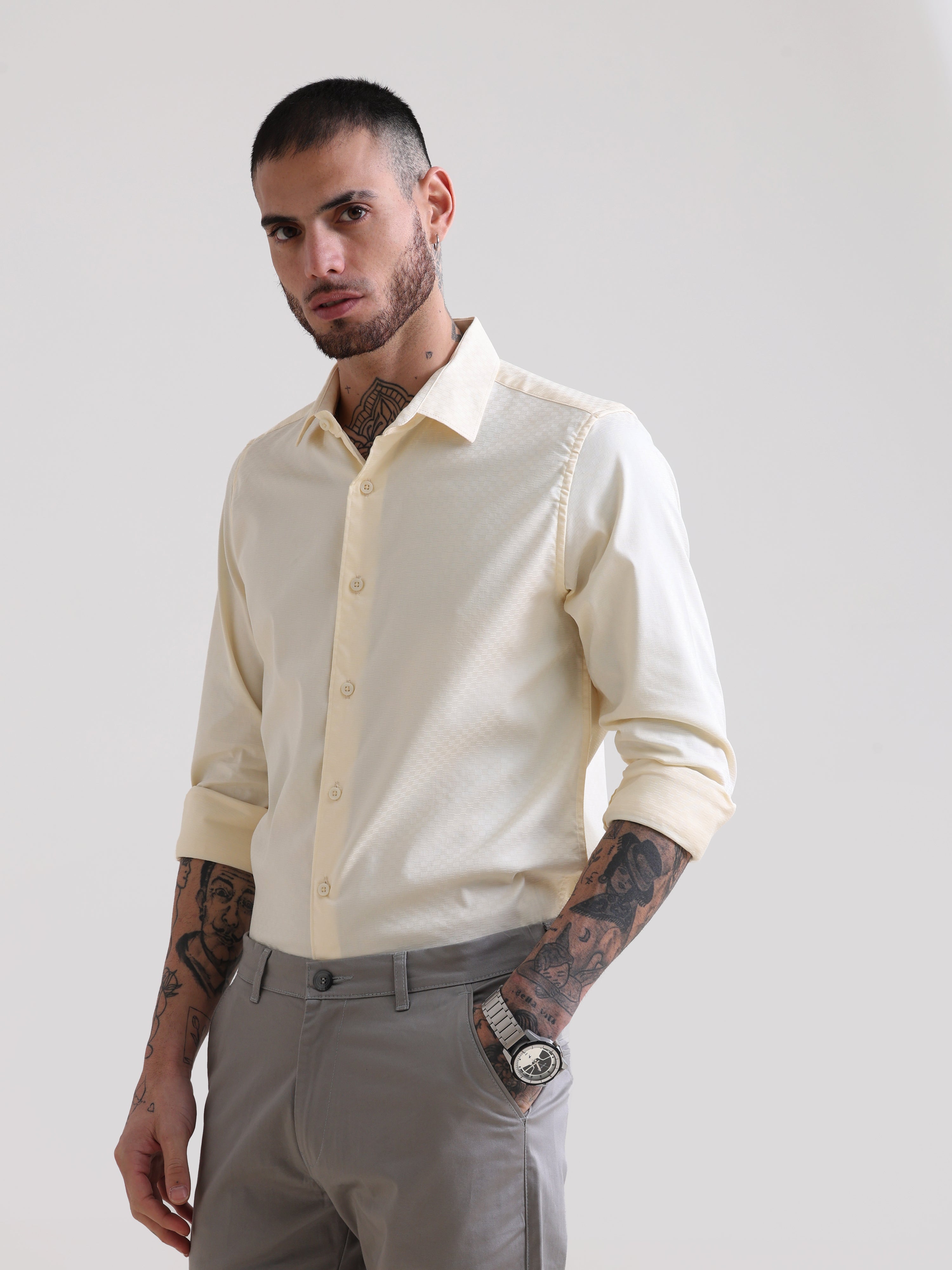 Beige Solid Shirt With Tie Up At Neck - 109F.com